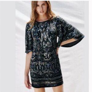 Free People Sequin Embroidery Mini Dress Flutter Sleeves oversized XS
